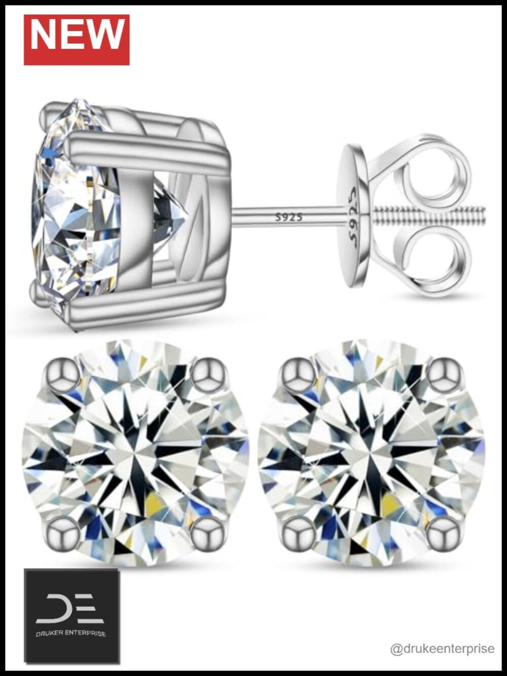 Moissanite Stud Earrings Screw Back 925 Sterling Silver 18k Gold Plated